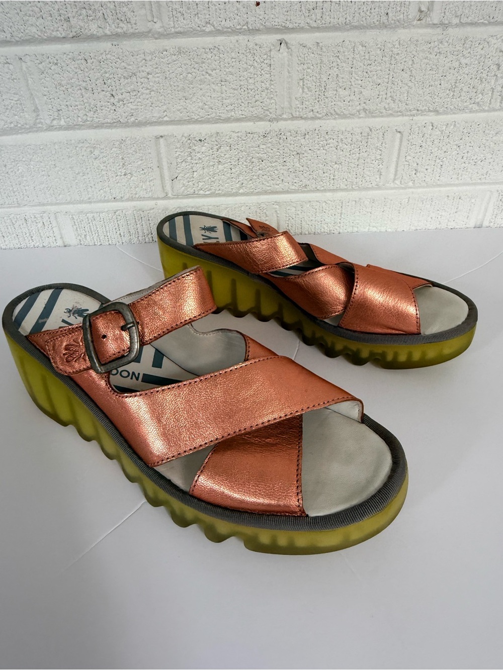 Fly London Metallic Copper Slide Sandals with Yellow Platform